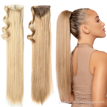 High Quality 24 inch Blonde Brown Long Straight Drawstring Ponytail Hairpiece With Hairpins Hair Extensions Synthetic Ponytail